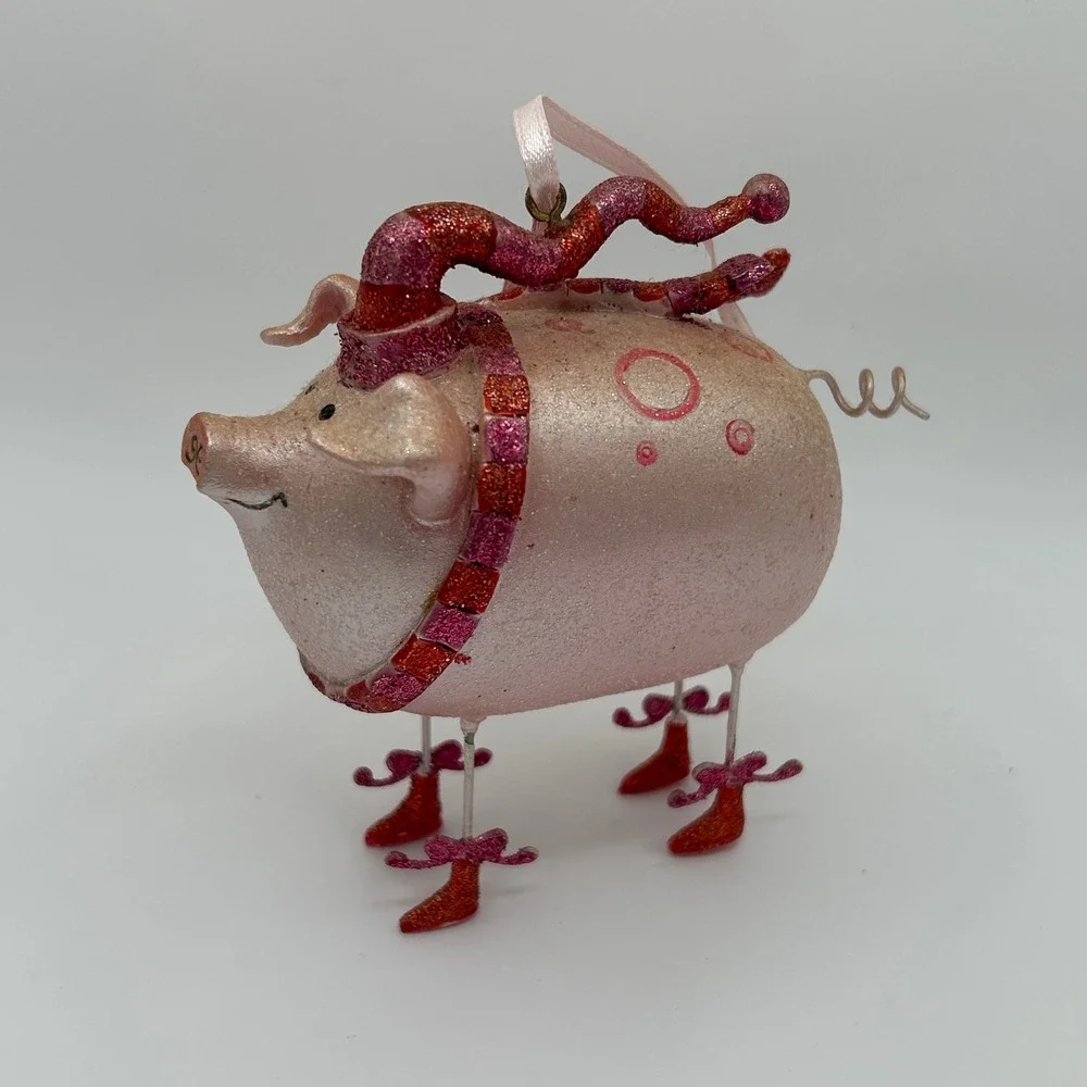 Whimsical Pink Pig Christmas Ornament Dangle Wire Legs Boots Hat Scarf Glitter